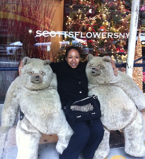 Giant life size teddy bears in front of Scotts Flowers in New York City.