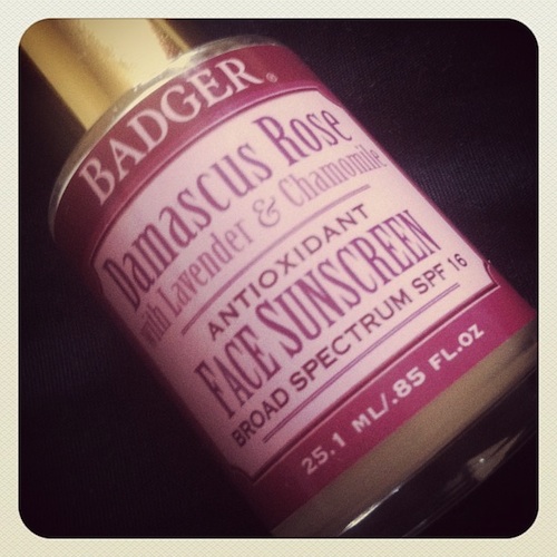 Badger Damascus Rose with Lavender and Chamomile antioxidant broad spectrum SPF 15 face sunscreen.