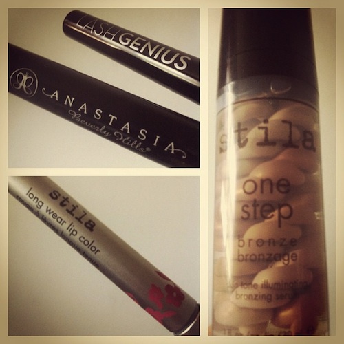 Stila one step bronzer to lift and illuminate with Stila long wear lip color and Anastasia of Beverly Hills Lash Genius