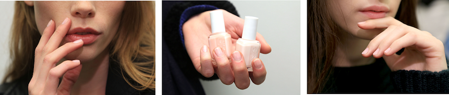 Julie Kandalec for essie created a feminine, soft pink nail by layering sugar daddy over limo-scene. The sheer shades allow the natural nail to shine through with an elegant hint of pink.