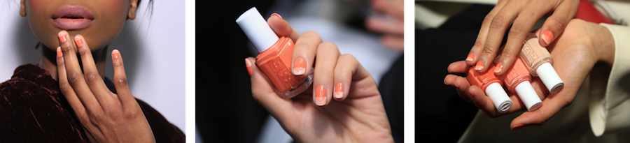 Michelle Saunders for essie created a warm, coral "tone on tone" nail design inspired by the modern music girl. To achieve the look, she used new spring shades sunshine state of mind, lounge lover and high class affair. 